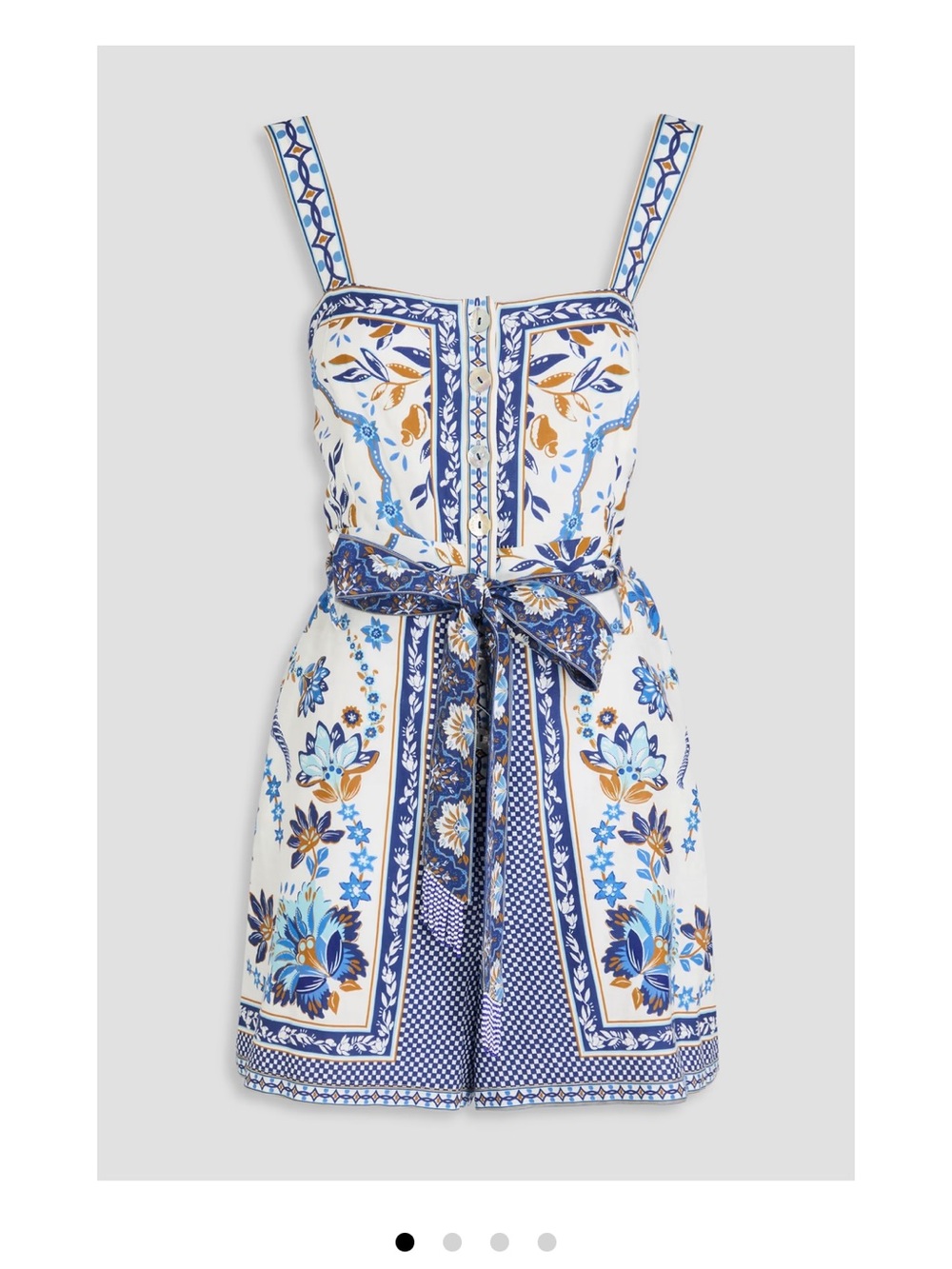 FARM Rio Blue, White & Gold Floral Belted Romper - Picture 1 of 3